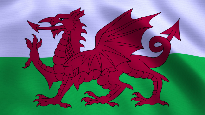 Wales Flag Blowing in Wind 4k Realistic 3d flag waving animation seamless loop background for patriotic, political, military, election, history, memorial, independence day, football, documentary