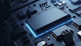 A robotic arm on a conveyor belt inserts a CPU onto a printed circuit board. Animation on the theme of microelectronics production, video has a loop - Powered by Shutterstock - Get 15% off with code: PIKWIZARD15