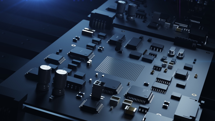 A robotic arm on a conveyor belt inserts the CPU onto a printed circuit board. animation on the subject of microelectronics manufacturing, video has a loop Royalty-Free Stock Footage #1097888875