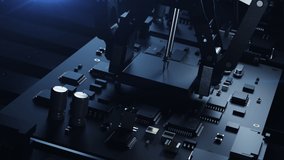 A robotic arm on a conveyor belt inserts the CPU onto a printed circuit board. animation on the subject of microelectronics manufacturing, video has a loop - Powered by Shutterstock - Get 15% off with code: PIKWIZARD15