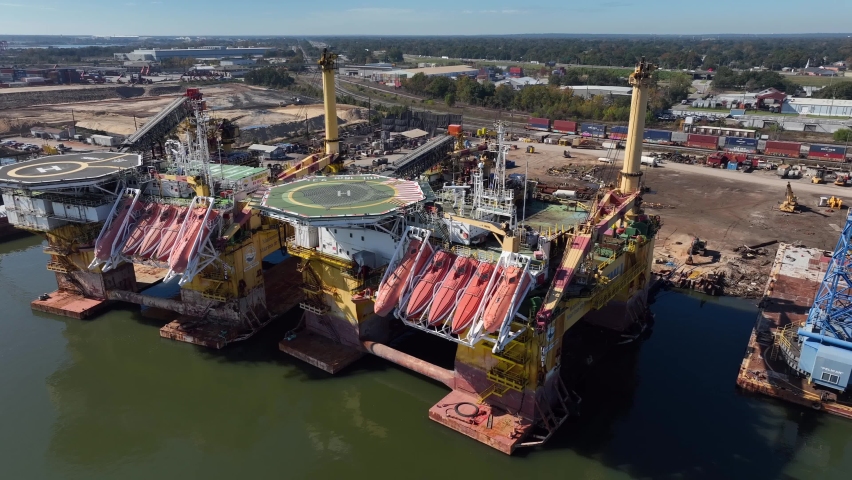 Oil and gas drilling rig at port in Mobile Alabama. Aerial view.