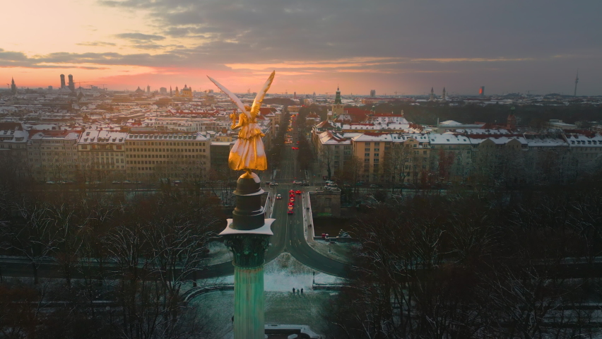 Munich Germany skyline Angel of Peace aerial footage Aerial closeup at sunset drone video munich panorama at sunset. Royalty-Free Stock Footage #1097892145