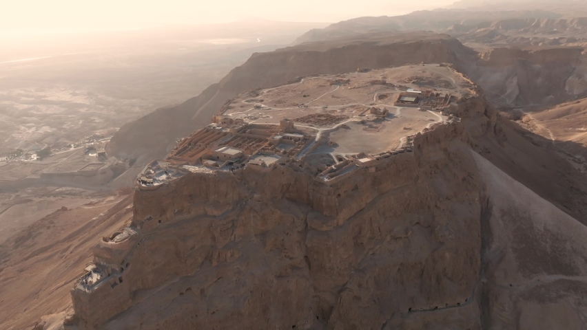 Masada National Park ,Israel table top summit, sunrise aerial drone view