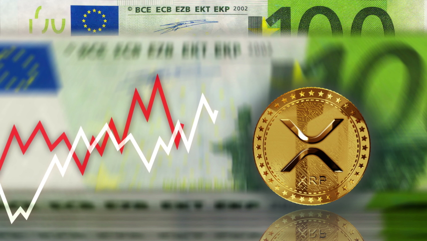 Ripple XRP cryptocurrency golden coin over 100 Euro banknotes. Eur note counting and chart line on background. Loopable and seamless 3d abstract concept.