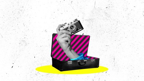 Stop motion, animation. Colorful image of retro photo camera in human hand sticking out from old suitcase. Creativity. Concept of vintage things, mix old and modernity. Copy space for ad Vídeo Stock