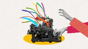 Stop motion, animation. Female hand typing on retro typewriter isolated over white background. Journalism, novel writing. Vintage, retro 80s, 70s style. Bright colors. Copy space for ad, text.