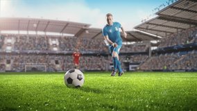 Football World Championship: Soccer Player Runs, Kicks the Ball. Ball Shoots, Grass Sprays Outwards, Full Stadium Crowd Cheers. Camera Moves in Arc Super Slow Motion. Cinematic Shot Captures Victory
 - Powered by Shutterstock - Get 15% off with code: PIKWIZARD15