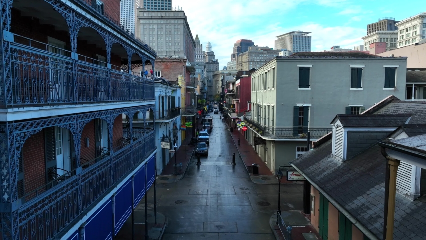 Bourbon Street rising aerial reveal in downtown French Quarter of New Orleans Louisiana. | Shutterstock HD Video #1097912983