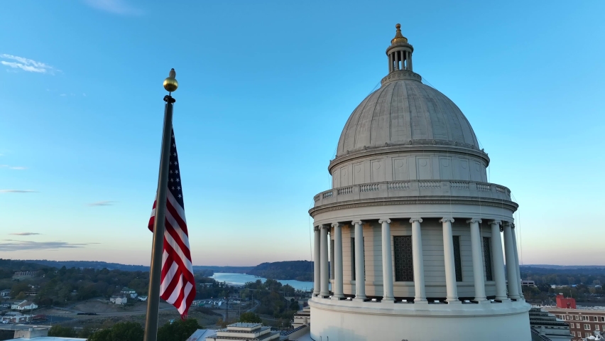 USA flag and government theme. Capitol rotunda dome. Lawmaking and law, legislation theme.