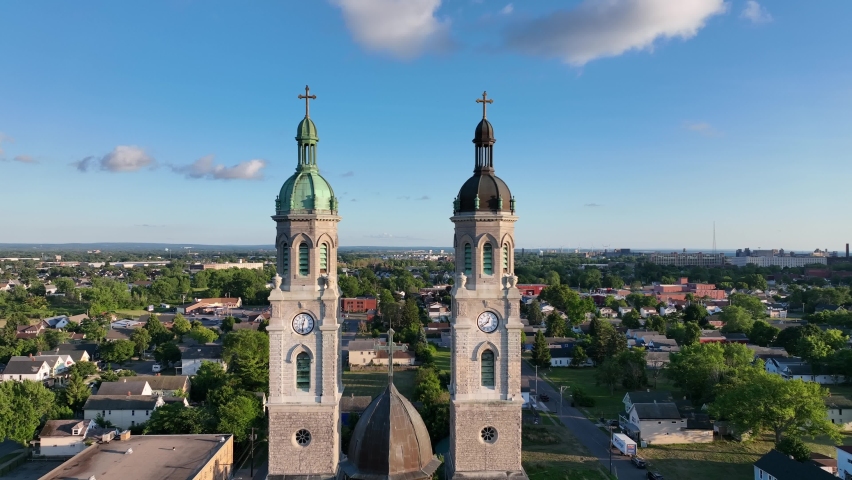 An aerial view of the Catholic Church of Saint Stanislaus in the city of Buffalo, New York.
