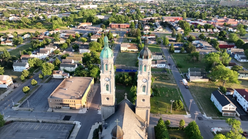 An aerial view of the Catholic Church of Saint Stanislaus in the city of Buffalo, New York.