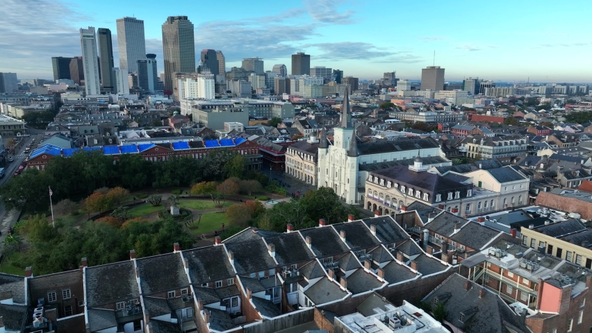 New Orleans skyline with St. Louis Cathedral. Aerial view of Louisiana city.