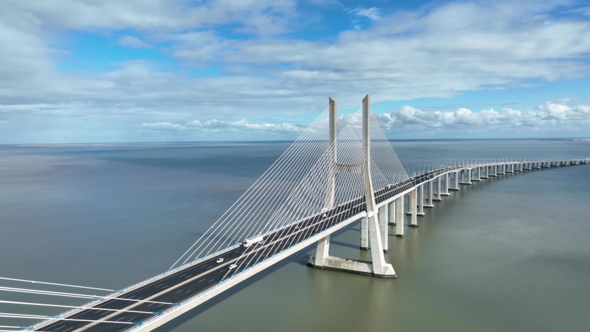 Vasco Da Gama Bridge in Lisbon, Portugal over the Tagus River. Drone Point of View. 4k