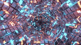 Abstract flight in a futuristic corridor, seamless loop background. Hexagon tunnel with shiny cubes. Glowing colorful neon cubes, geometric endless tunnel. - Powered by Shutterstock - Get 15% off with code: PIKWIZARD15