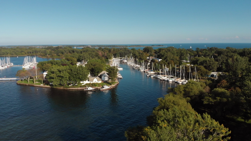 Aerial view of Toronto Island marina and Lake Ontario by day during summer in Toronto, Ontario, Canada. 