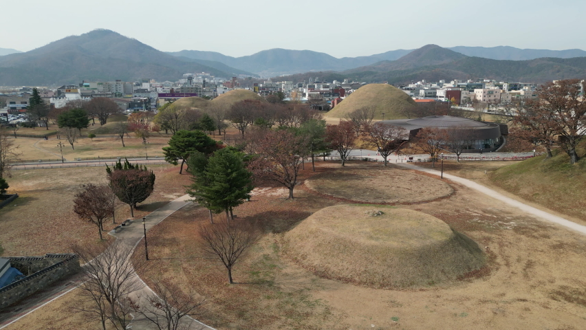 Daereungwon Tomb Complex pond view in winter at Gyeongju, South Korea