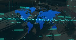 Animation of financial data processing over world map on black background. Global business, finances and digital interface concept digitally generated video.