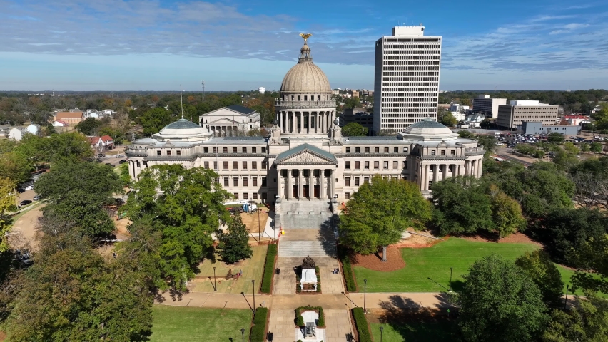 Construction at Mississippi State capitol building in Jackson MS. Aerial approach.