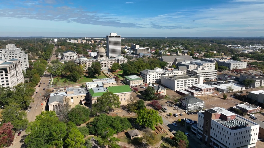 State government in Jackson Mississippi. Capitol building and grounds. Aerial view.