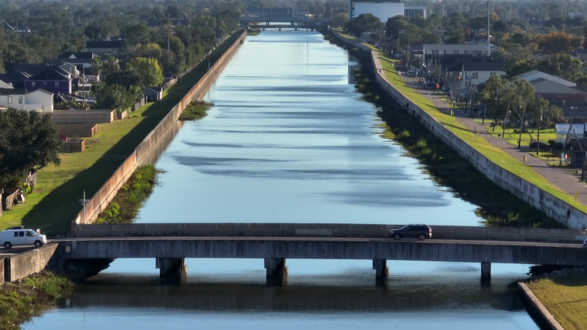17th Street Canal. Aerial of Industrial Canal in Metairie near Lake Pontchartrain. Subject to massive hurricane flooding. New Orleans Louisiana. Unique rising aerial with long zoom lens.