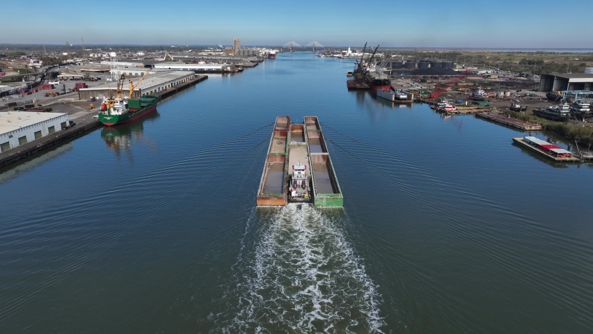 Empty barge containers at Port of Mobile Alabama. Aerial view of deepwater Gulf Coast port