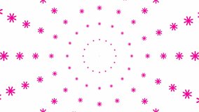 Christmas motion background. Animated increasing pink snowflakes circles from the center. Looped video. It is snowing. Snowfall isolated on white background.

