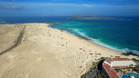 Corralejo beach and view of Lobos island. aerial drone video .Fuerteventura Canary islands of Spain