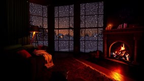 3d A cozy, burning fireplace in a warm room in a winter, forest house against the backdrop of a sunset with slowly falling snow. Concept, cozy atmosphere, warmth and love. - Powered by Shutterstock - Get 15% off with code: PIKWIZARD15