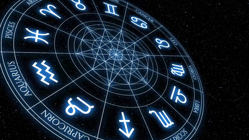 Zodiac Horoscope Astrological Signs On A Rotating Spinning Wheel. Signs of Zodiac, Astrology, Space, 4k Video. | Shutterstock HD Video #1097949369