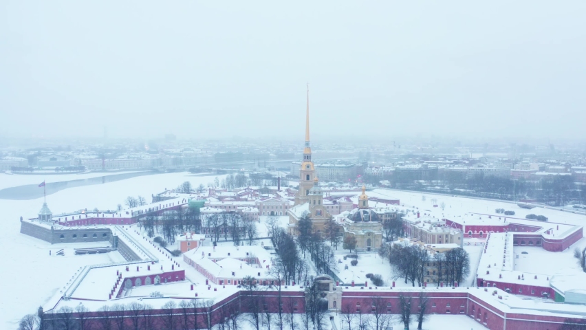 Peter and Paul fortress Saint Petersburg, winter season during snowfall. Aerial view from drone