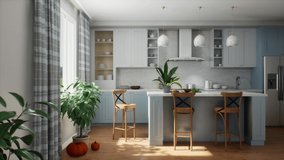 3d animation of a cozy kitchen with blue cabinets and an island. Modern luxury kitchen interior design. 3D Illustration