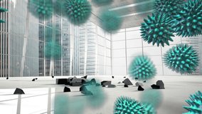 Animation of covid-19 cells floating over euro symbol breaking and falling against office. Global economy and covid-19 pandemic concept - Powered by Shutterstock - Get 15% off with code: PIKWIZARD15