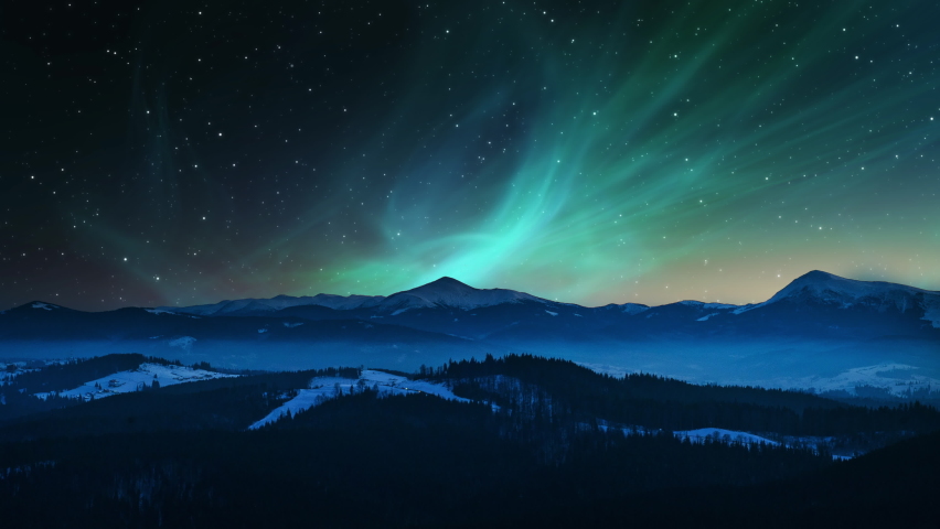 Aurora Borealis or Northern Lights, mountain scenery landscape at night. Great for Relaxing Ambient backgrounds. Polar lights, winterscape concept | Shutterstock HD Video #1097956539