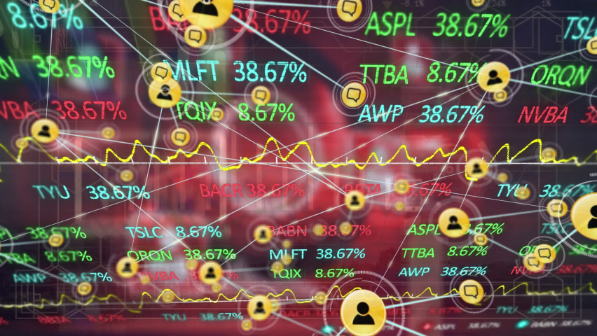 Animation of network of profile icons and stock market data processing against red background. Global economy and business data technology concept - Powered by Shutterstock - Get 15% off with code: PIKWIZARD15
