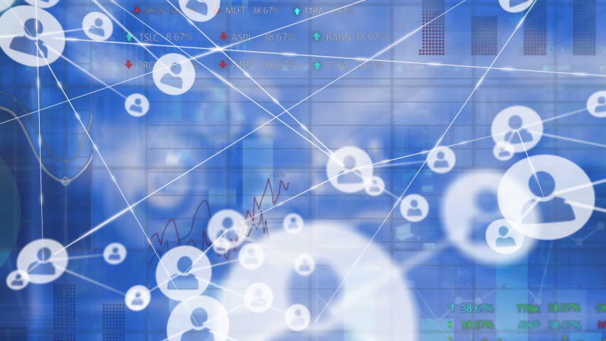 Animation of network of profile icons and stock market data processing against blue background. Global economy and business data technology concept - Powered by Shutterstock - Get 15% off with code: PIKWIZARD15