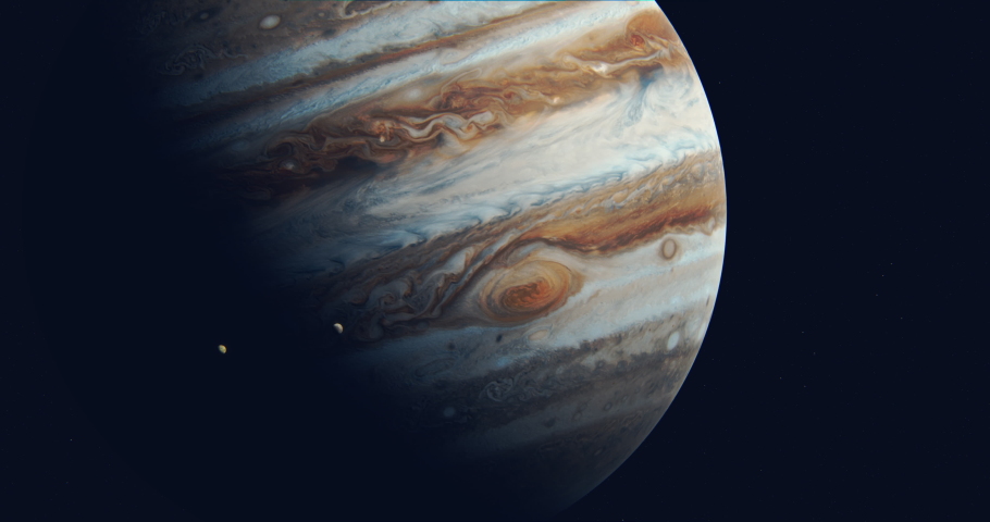 Gas planet Jupiter and it's moons Io and Europa passing over Jupiter's detailed surface. Planet rotating and moons moving seen like sharp telescope time lapse shot. 3D rendering animation. Royalty-Free Stock Footage #1097962397