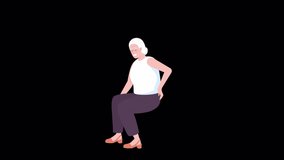 Animated character with back pain. Woman with age related arthritis. Full body flat person on black background with alpha channel transparency. Colorful cartoon style HD video footage for animation