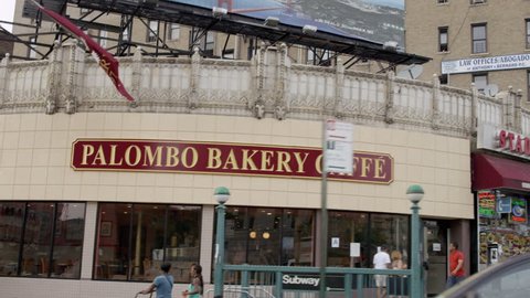 NEW YORK - JULY 12, 2015: Palombo Bakery Caffe, Subway sandwich shop, stores in the Bronx in 4K, NY. The Bronx is one of the 5 boroughs of NYC.