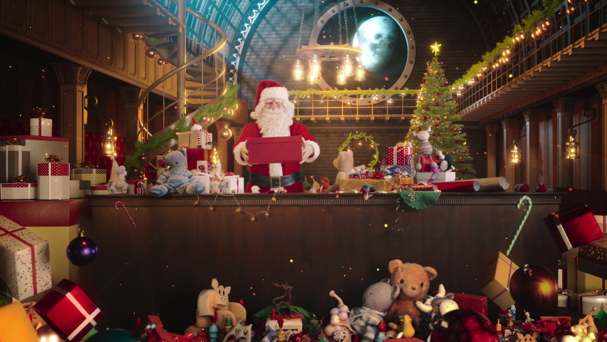 Jolly Santa Claus Works in His Studio Workshop, Wrapping and Packing Christmas Gifts for all the Good Children to be Delivered on the Magical New Year Eve. He Offers the Gift of Happines and Joy