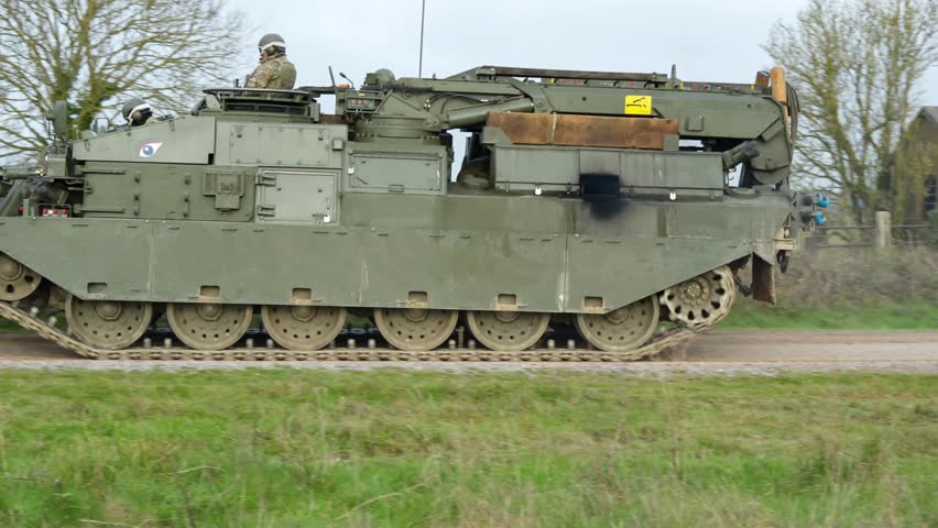 British Army REME Challenger 2 ii Armored Repair and Recovery Vehicle (CRARRV) in action on a military training exercise, Wilts UK