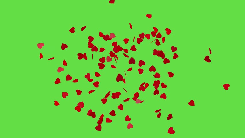 Explosion of red hearts on green screen. Heart confetti. Festive effect for Valentine's Day. 3D animation