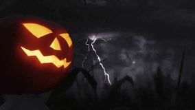 A scary scarecrow in a cornfield against a stormy sky. scarecrow with glowing pumpkin head for halloween - Powered by Shutterstock - Get 15% off with code: PIKWIZARD15