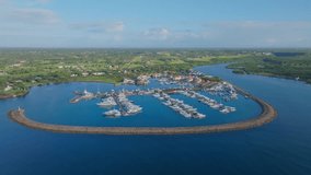 Casa de Campo harbour and Chavon river mouth, La Romana in Dominican Republic. Aerial drone panoramic view