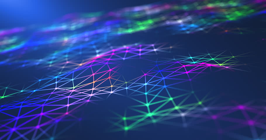 Sloping swaying net under blue lighting. A surface formed by multicolored dots connected by multicolored lines. | Shutterstock HD Video #1098004371