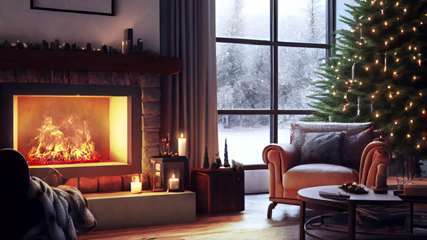 Christmas eve cozy mood in classic decorated living room with fire burning in fireplace, christmas tree, candles and gifts. Family waiting for rest. December holidays, winter, warm indoor. Snow falls. | Shutterstock HD Video #1098011423