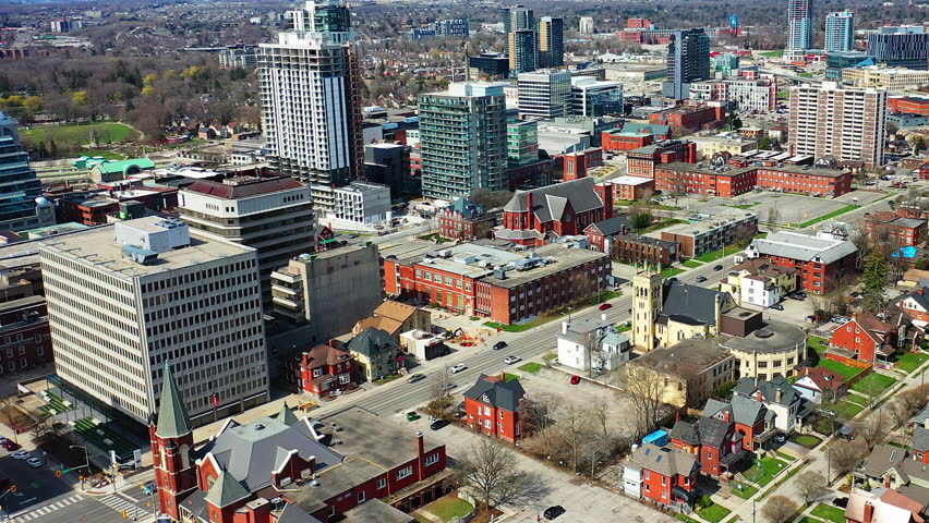 Aerial zoom of Kitchener, Ontario, Canada on fine spring day 4K