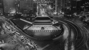 Traffic at Sungnyemun Gate in Seoul,South Korea.( from black and white to color video)