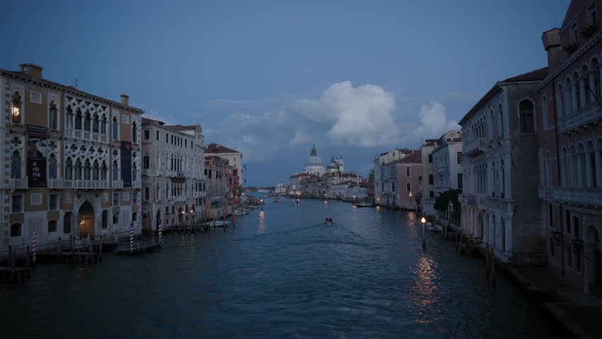 Venice Cityscape And The Grand Canal During Dusk In Italy. Wide Shot