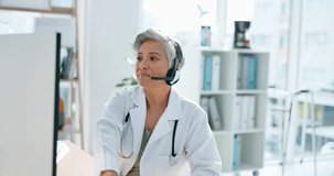 Woman, doctor and telehealth for help, office and headset for connection, online webinar or writing notes in chart. Medical professional, female or computer for digital advice, hospital or video call