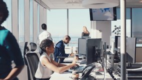 Staff, busy and business people walking in office, working in corporate, financial and modern company. Teamwork, collaboration and efficient employees with project in workplace with city background - Powered by Shutterstock - Get 15% off with code: PIKWIZARD15